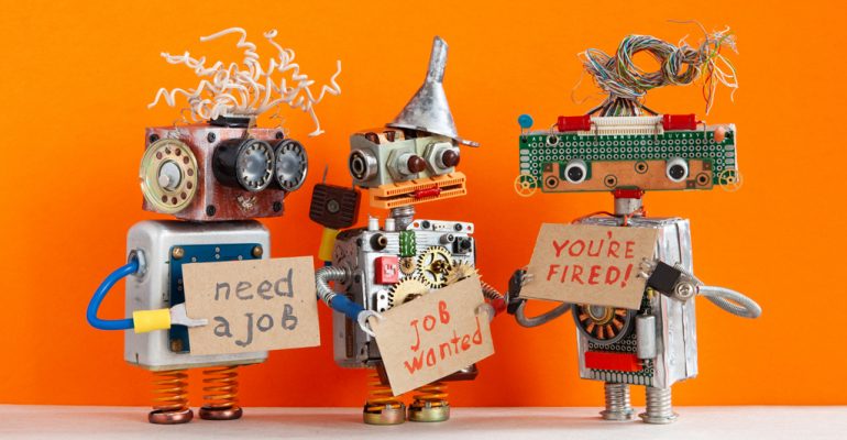 Automated dismissal and hiring of staff. The relationship between employer and employee. robot boss dismisses personnel and shows cardboard You are fired. Two unemployed robots looking for a new job. Orange background